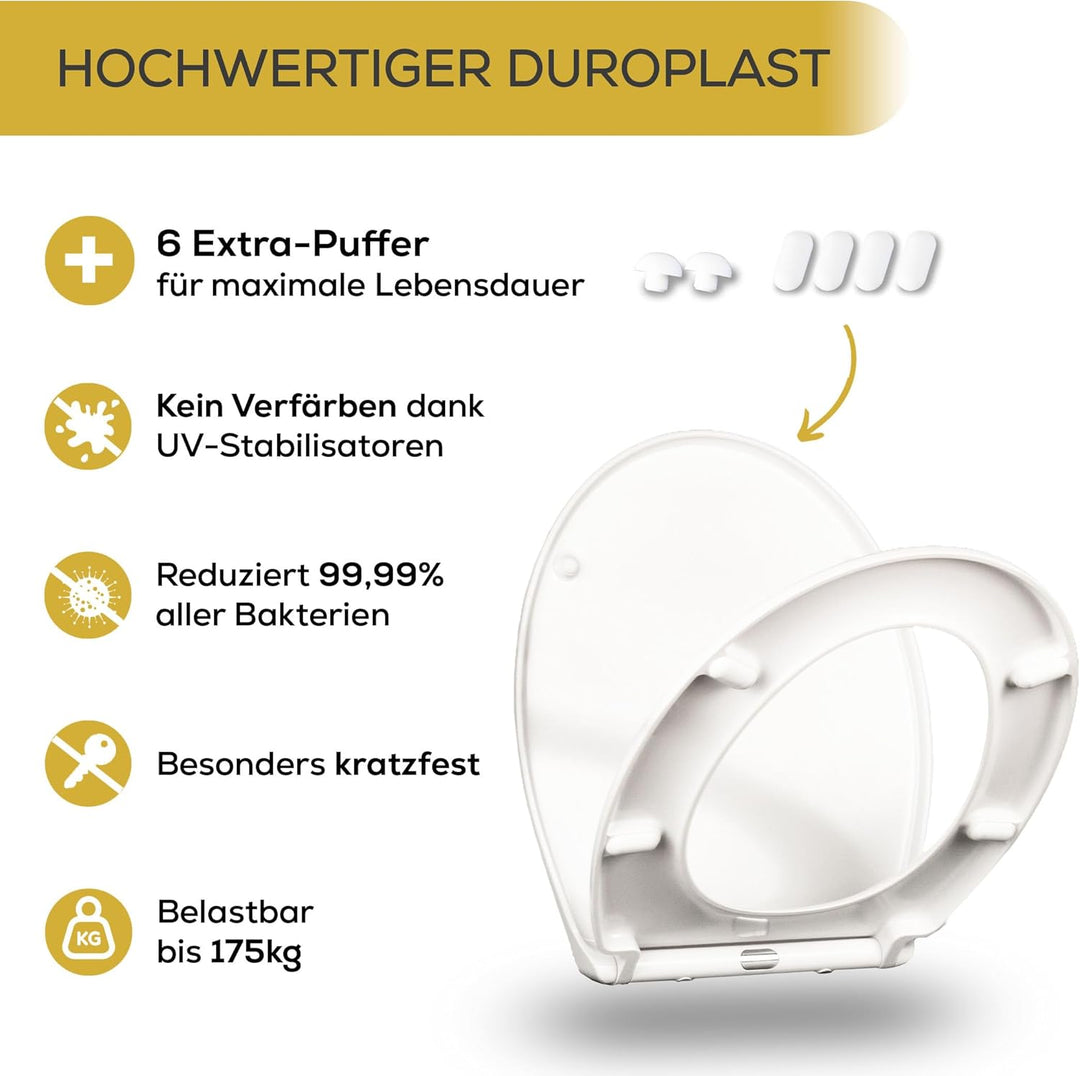 Toilettendeckel weiss mit Absenkautomatik, WC Sitz Oval Duroplast mit Softclose, stabilen Edelstahl-