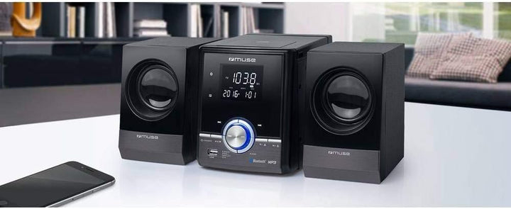 Muse M-38 BT CD/MP3 Microsystem mit USB, Bluetooth, Equalizer, Fernbedienung schwarz/Chrom