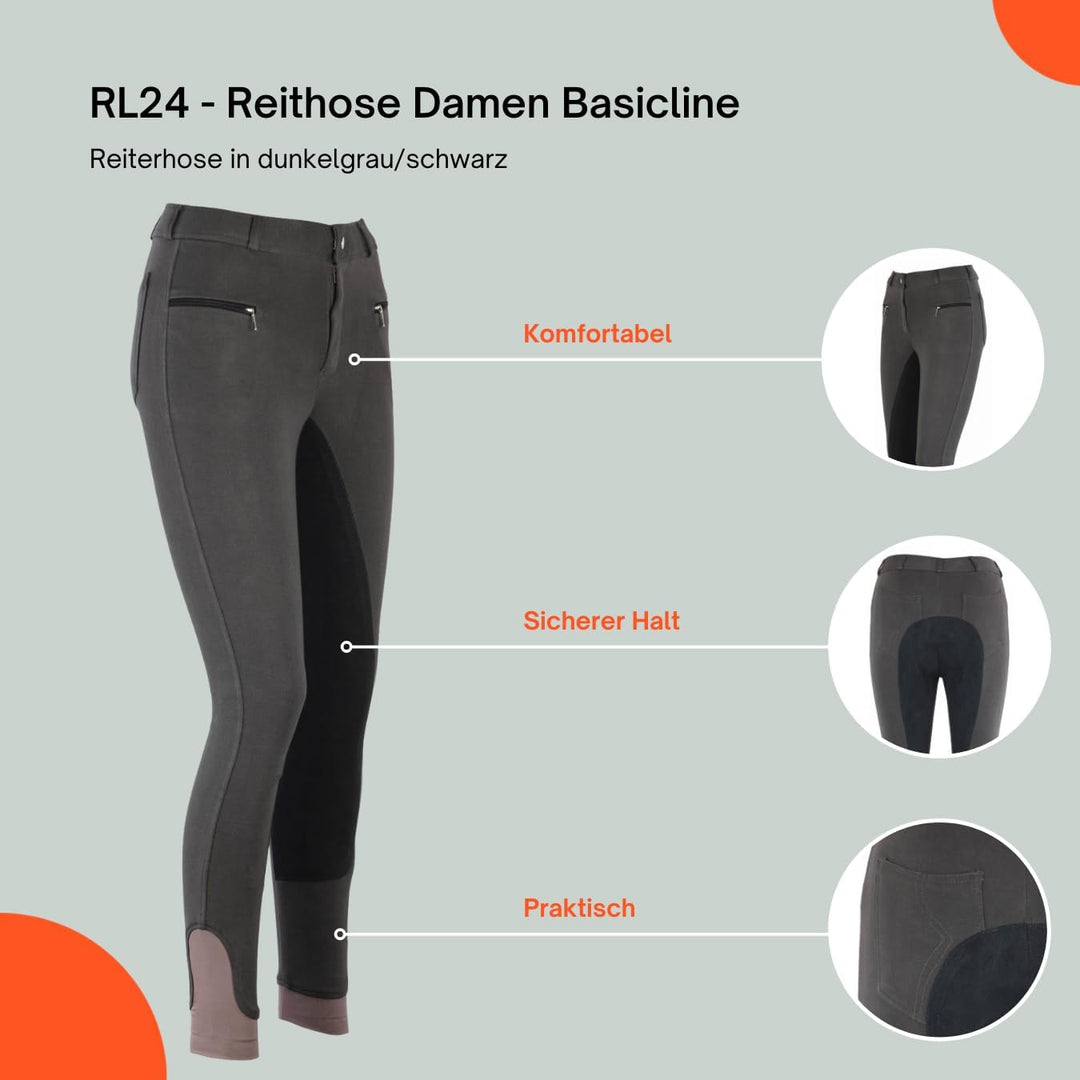 RL24 Damen Reithose Vollbesatz Flex BASICLINE 52 Dunkelgrau/Schwarz, 52 Dunkelgrau/Schwarz