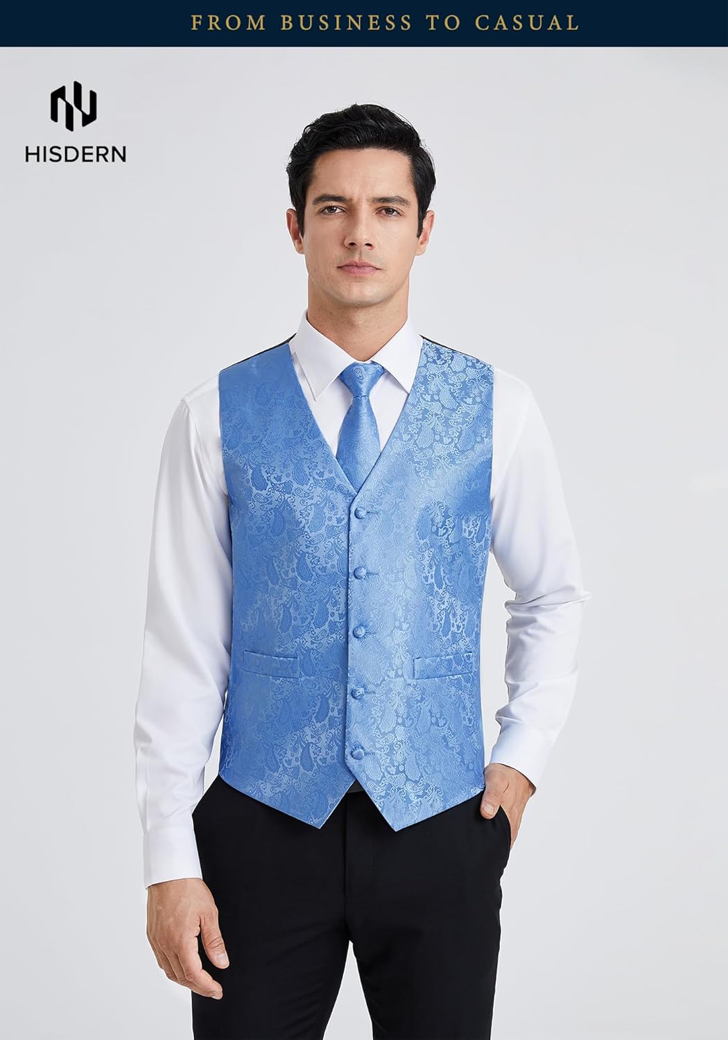 HISDERN Herren Weste Paisley Floral Jacquard Krawatte Einstecktuch Taschentuch Weste Anzug Set S Hel