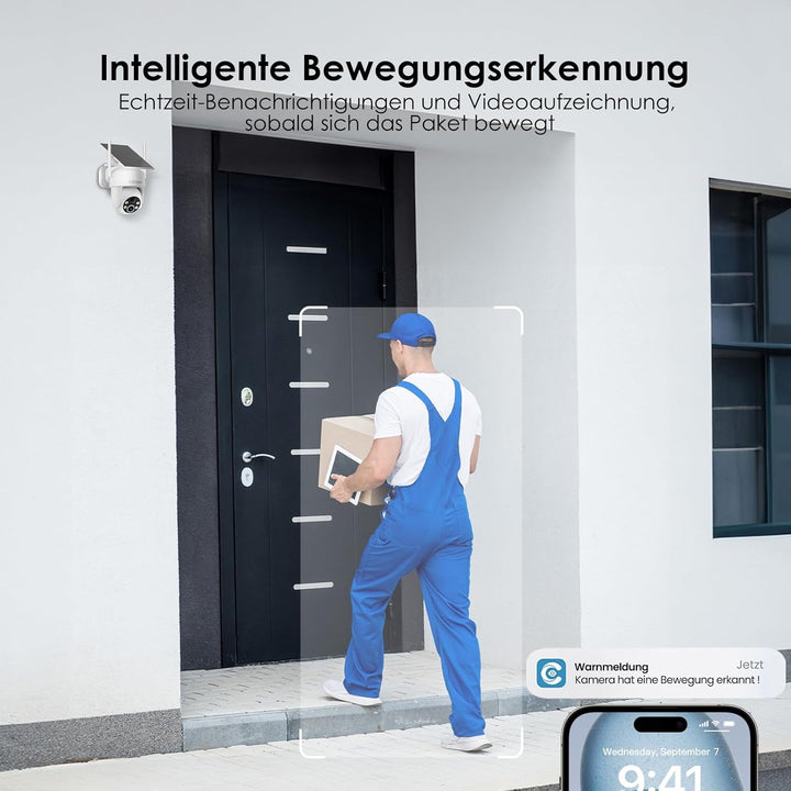 Alles in 1 Überwachungskamera Aussen Akku Solar, 2K, 100% Kabellos, 360° PTZ Kamera Überwachung Auss