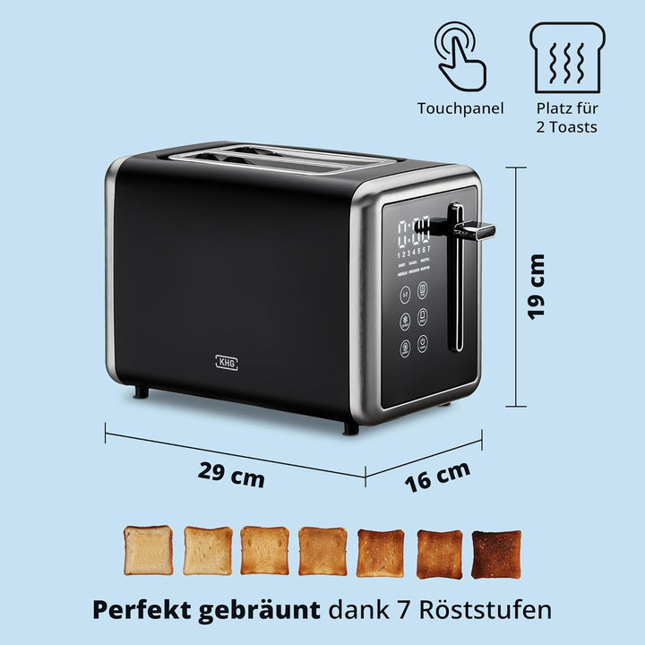 KHG - Toaster 2 Scheiben Edelstahl Touchpanel 850 W - Brötchenaufsatz, 7 Bräunungsstufen, 6 Programm