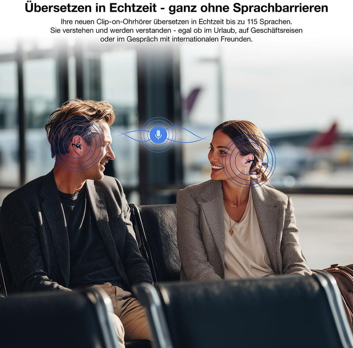 auvisio Clip-on-Ohrhörer und KI-Echtzeitübersetzer für 115 Sprachen, App