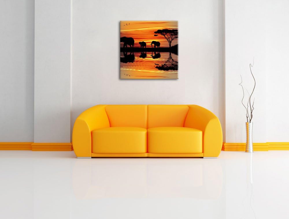 Pixxprint Afrika Elefant in Sonnenschein schwarz/weiss, Format: 70x70 auf Leinwand, 70x70