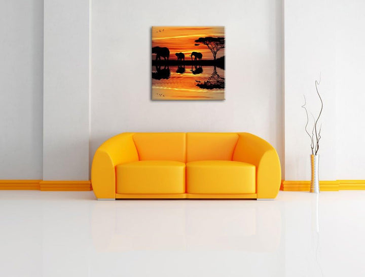 Pixxprint Afrika Elefant in Sonnenschein schwarz/weiss, Format: 70x70 auf Leinwand, 70x70