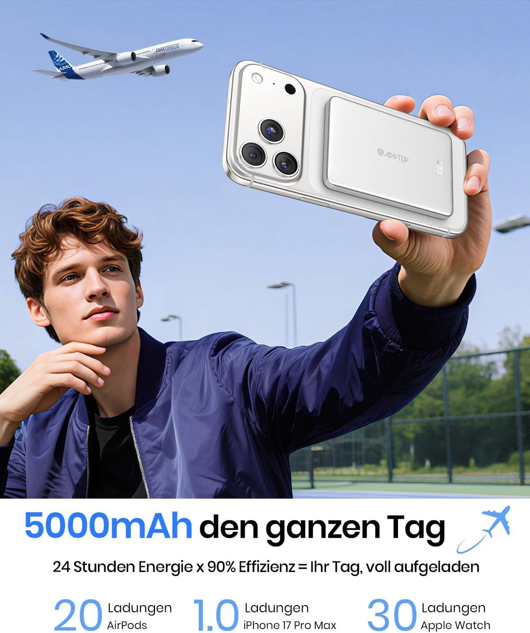 A ADDTOP Ultra Slim Magnetische Power Bank 5000mAh – 15 W Kabellose Powerbank mit USB C EIN/Ausgang
