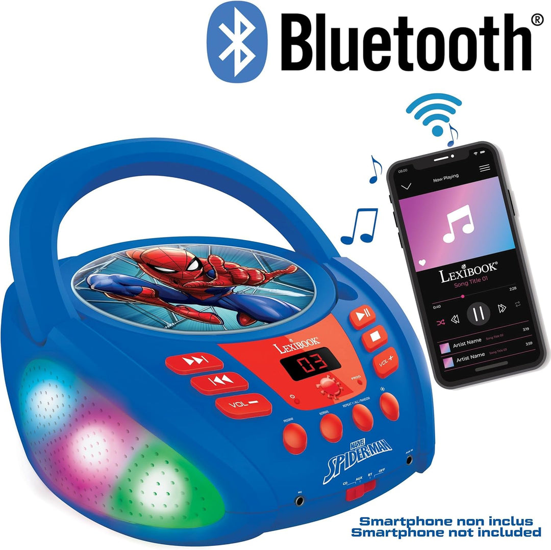 Lexibook - Marvel Spider-Man - Bluetooth-CD-Player für Kinder - Tragbar, Lichteffekte, Mikrofonbuchs