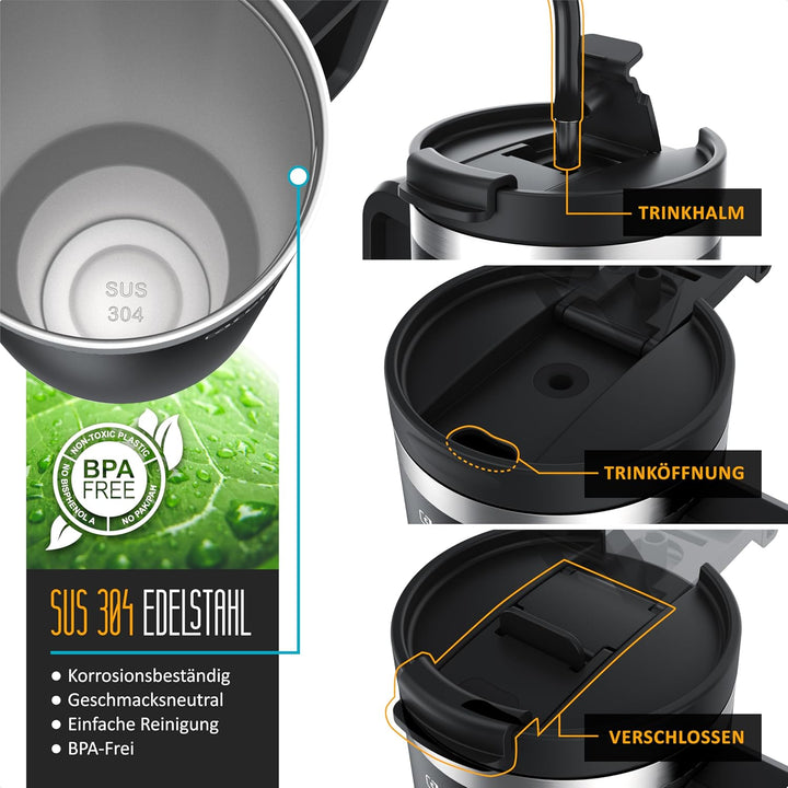 Arendo – Trinkflasche Thermobecher Doppelwandig - 1200 ml – Vakuumgehäuse Edelstahl - Kaffeebecher A