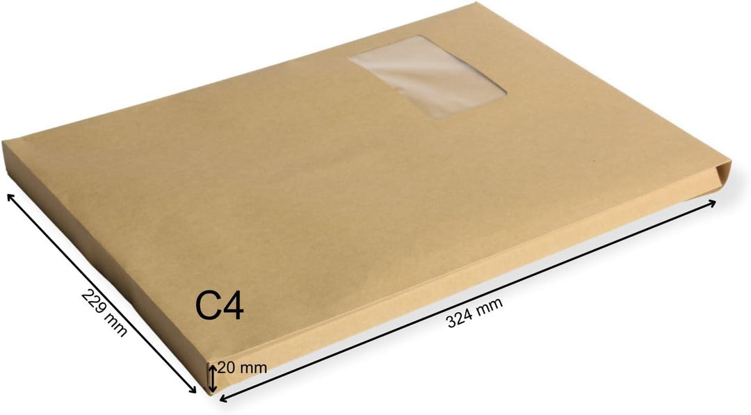 50 St. DIN C4 Faltenversandtaschen mit Fenster braun Stehboden und 20 mm Falte 130 gr. Kuvert 229x32
