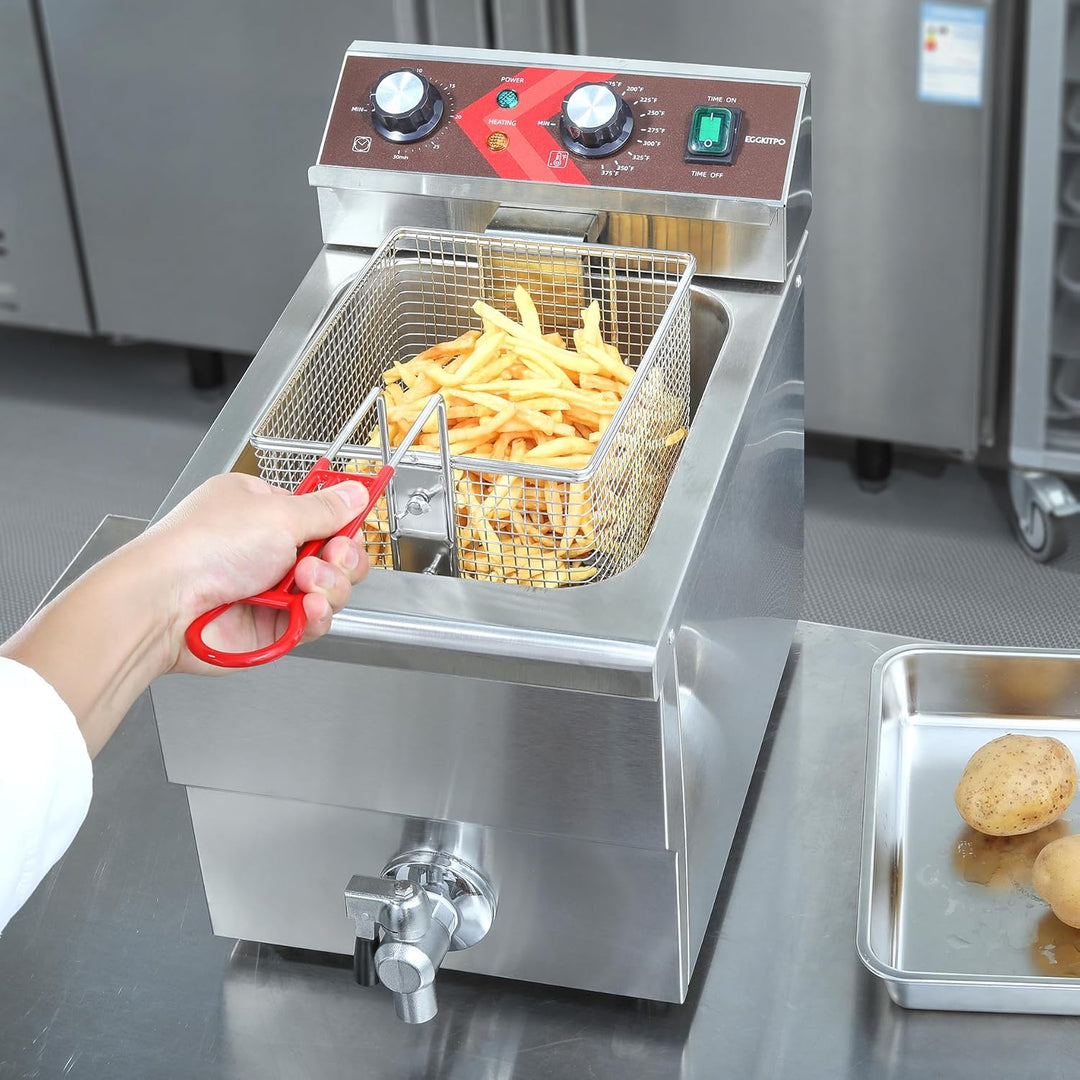 EGGKITPO Fritteuse 12 l Grosse elektrische Fritteuse mit Ölablass und Timer Fritteuse mit Korb und D