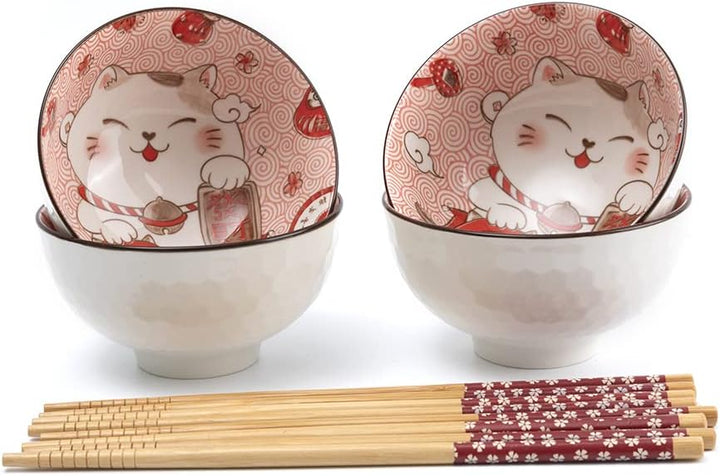 lachineuse - Set mit 4 Schalen Maneki Neko – Reisschale, Frühstück & Suppe – japanisches Geschirr au