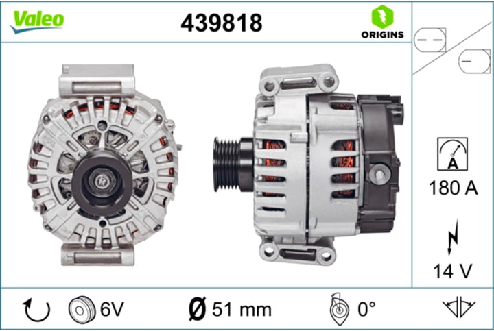 VALEO 439818 Generator Ladestrom des Generators: 180 Amp Rippen: 6 rippen Riemenscheibe Ø: 51 mm Spa