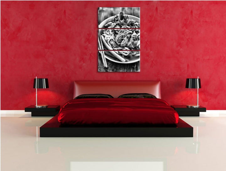 Pixxprint Monocrome, Japanische Miso Nudelsuppe 3-Teiler Leinwandbild 120x80 Bild auf Leinwand