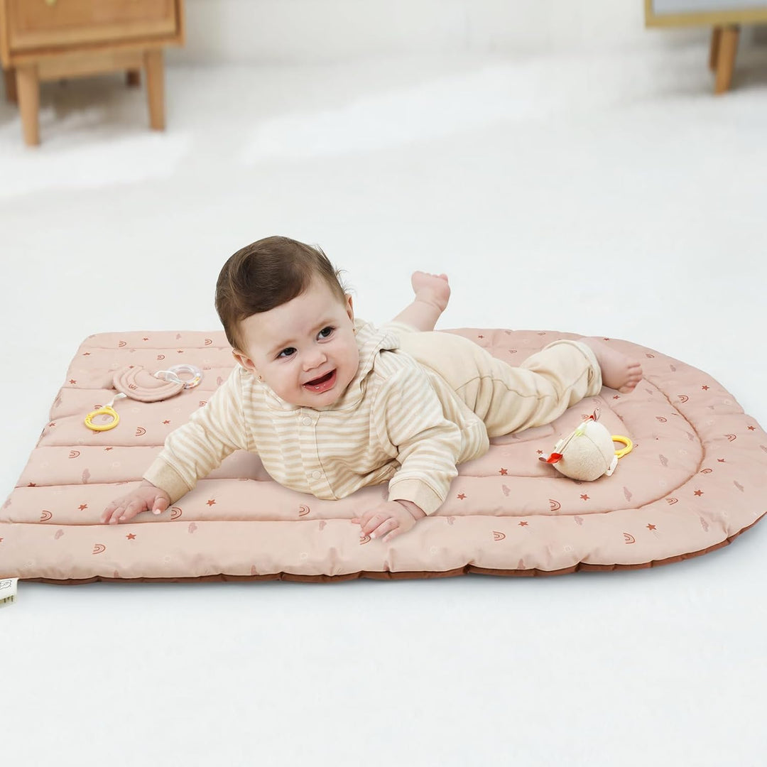 4 IN 1 Spielbogen Baby, Spielmatte Babies mit Natur Holz Activity Spielbogen, 3 abnehmbaren Spielzeu