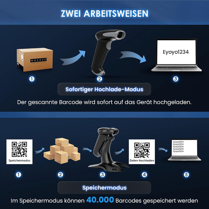 Eyoyo Barcode Scanner 1D 2D QR Handheld, Scanner 3 in 1 Connection Type Bluetooth 2.4G Wireless USB