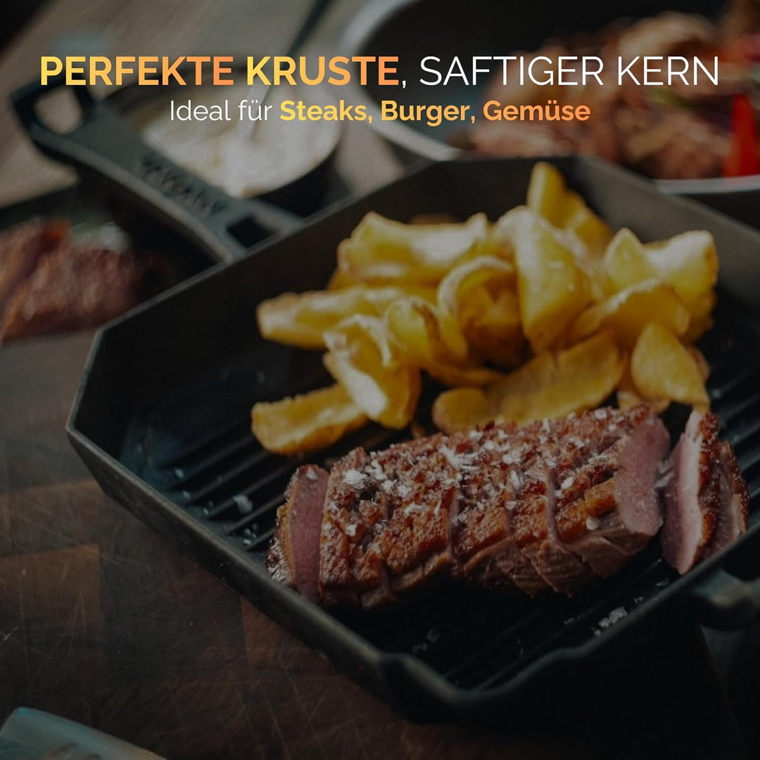 NYORD Gusseisenpfanne mit Grillrillen [TESTSIEGER] | Cast Iron BBQ Grillpfanne | Steakpfanne aus Gus