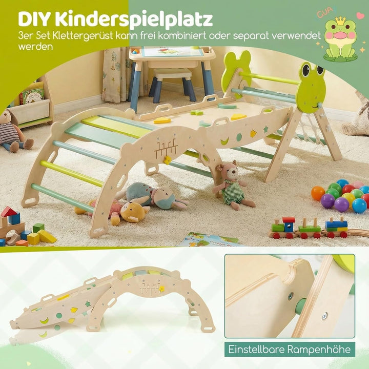 COSTWAY Klettergerüst Indoor 3er Set, klappabres Kletterdreieck mit Rutsche, Kletterbogen, Netz, ink