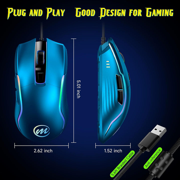 memzuoix Gaming Maus mit Kabel und LED-Lichtern – 12.800 DPI einstellbar, 6 Tasten, 12 RGB-Modi, Erg
