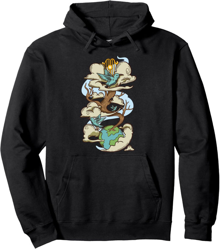 Baum wächst von der Erde zum Himmel Vögel und Wolken Pullover Hoodie