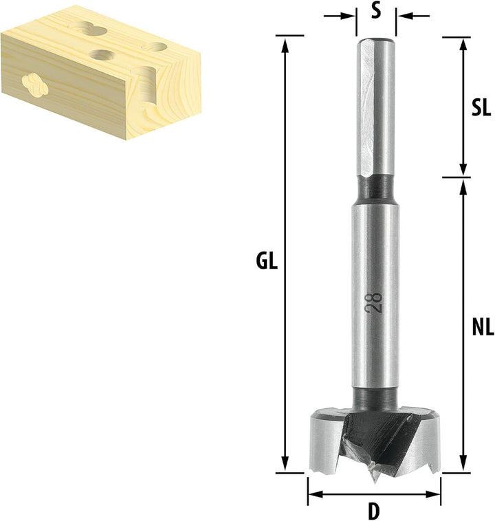 ENT 40024 Forstnerbohrer "Wave Cutter" Durchmesser (D) 24 mm, NL 60 mm, GL 90 mm, S 8 mm, SL 30 mm D