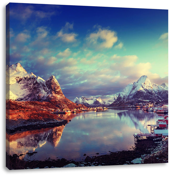 Pixxprint Schneelandschaft in einem Dorf in Norwegen, Format: 70x70 auf Leinwand, 70x70