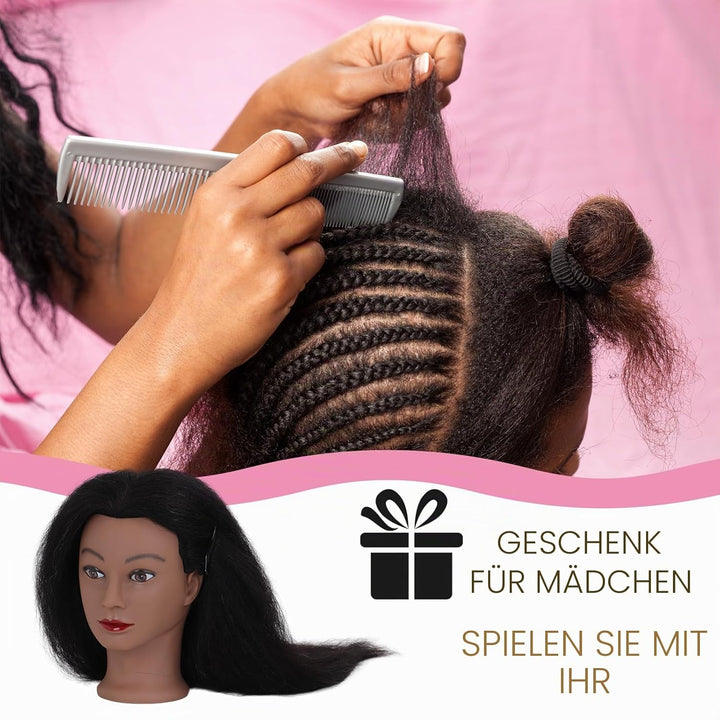 DiazySight schwarzer Mannequinkopf, Afro, 100 % Echthaar, gerader Styling-Kopf, Puppe für Mädchen zu