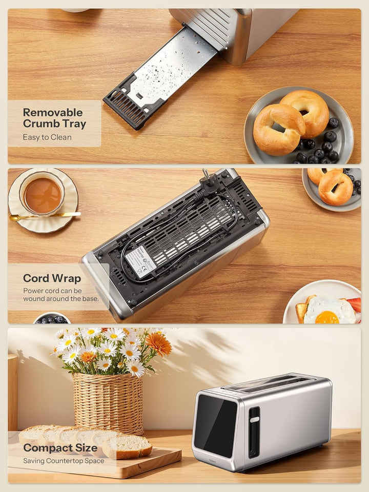 Toaster Langschlitz Edelstahl mit Smart Touchscreen & Memory-Funktion, Toaster 4 Scheiben mit 6 Bräu