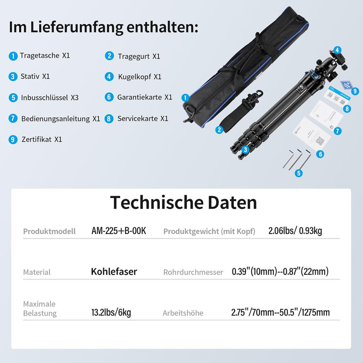 SIRUI AM-225+B-00K Carbon Kamera Reise Stativ, 127,3cm leichtes Kamerastativ Reisestativ Dreibein-St