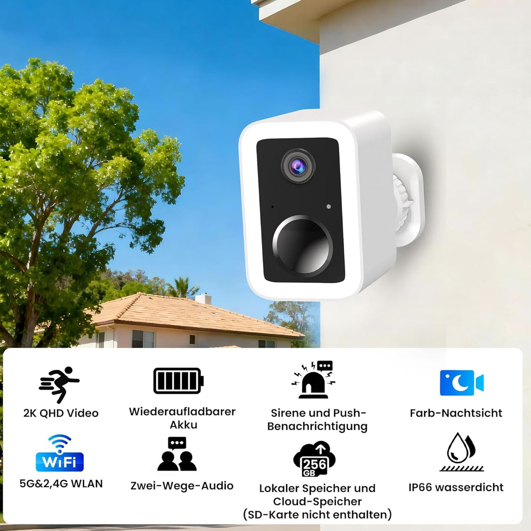 Funstorm 2K Überwachungskamera Aussen Akku - Dual-Band WLAN (2.4/5GHz) Videoüberwachung mit Flutlich