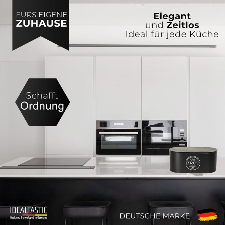 IDEALTASTIC® Premium 2-in-1 Brotkasten schwarz mit effizientem Schneidebrett-Deckel I Länger frischh
