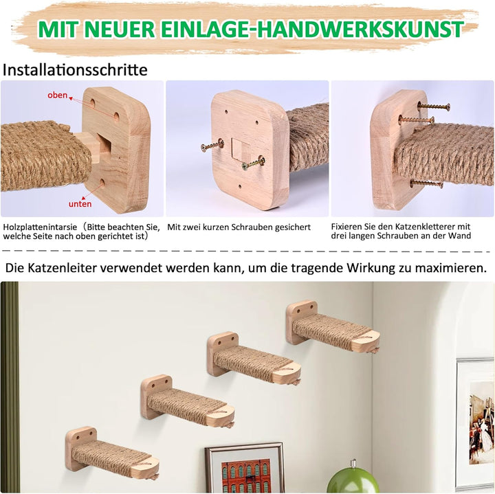 Katzentreppe Wand(4pcs), Kletterwand Katzen, mit Einlage-Handwerkskunst, aus 2cm Massives Gummiholz,