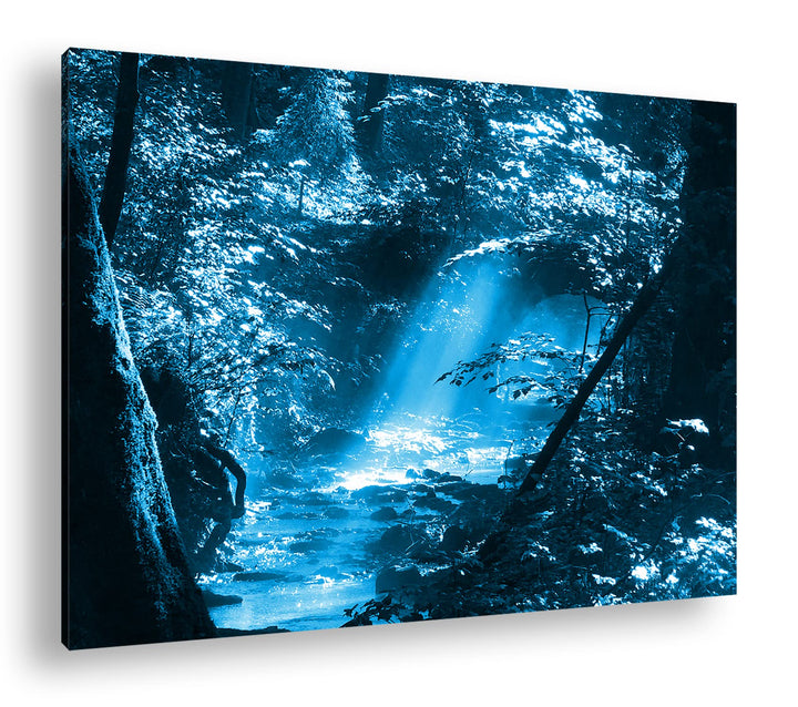deyoli kleiner Bach im Wald Format 80x60 Effekt: Monocrome Blau als Leinwandbild, Motiv fertig gerah