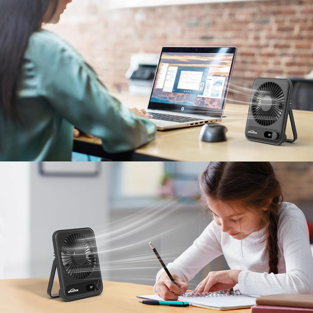 WHATOOK USB Ventilator Leise: Stufenlos 1-100 Regler, 5000mAh Akku Tischventilator mit Schnellladung
