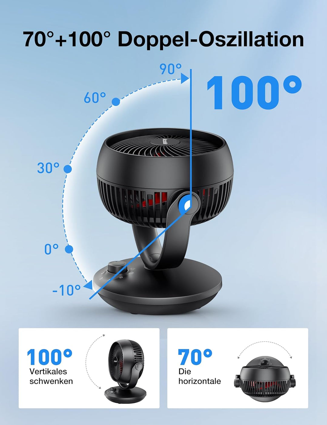 Acoolir Ventilator Leise, 24dB Ultra Powerful Tischventilator, 100° & 70° Oszillation, 3 Geschwindig