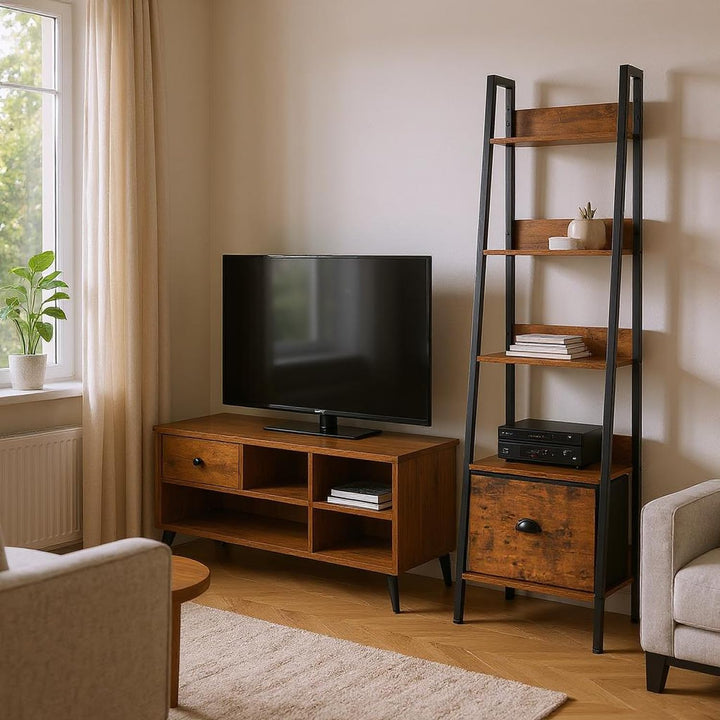 FurnitureR Pflanzenregal Leiterstil 42x29x141 cm, 5 Ebenen, Stoffschublade, 12 mm Holzplatten &amp; 20 m