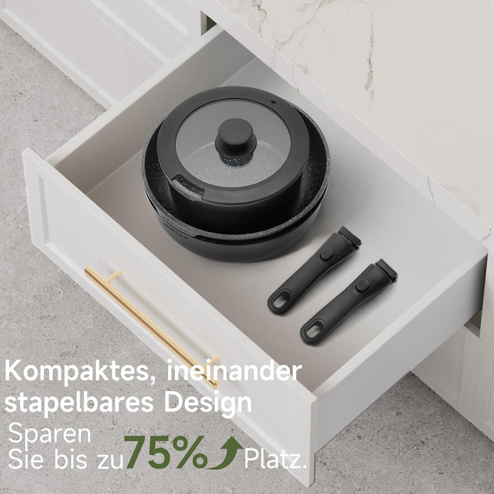 JEETEE Topfset Pfannenset mit abnehmbarem Griff 25-Teilig, Pfanne 20/26cm, Kochtopf 18/20cm, Tiefe B