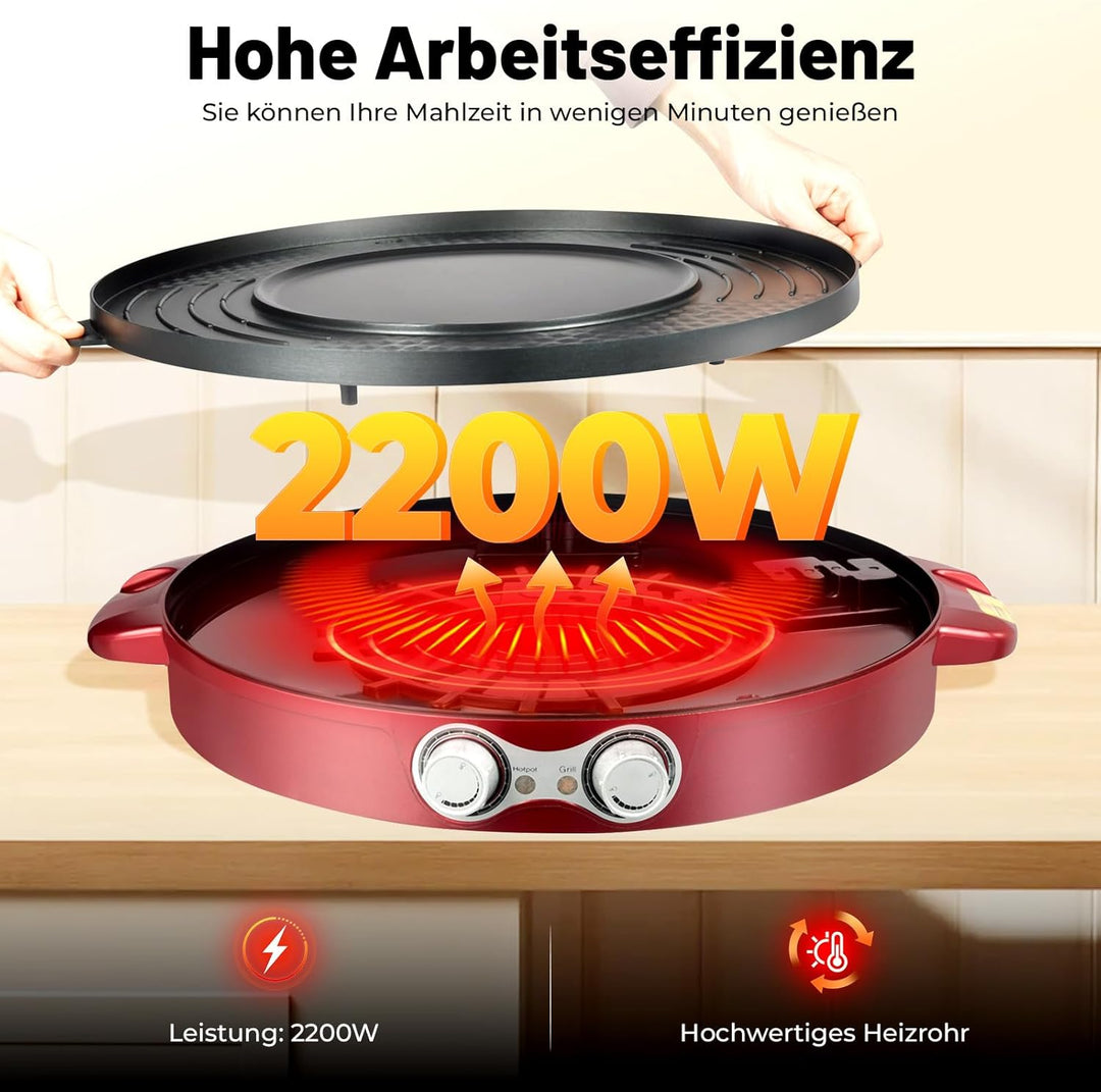 Elektrischer Hot Pot 2200W, 2 in 1 BBQ Grillplatte, Tragbare Tischgrill Hotpot Topf mit Antihaftbesc