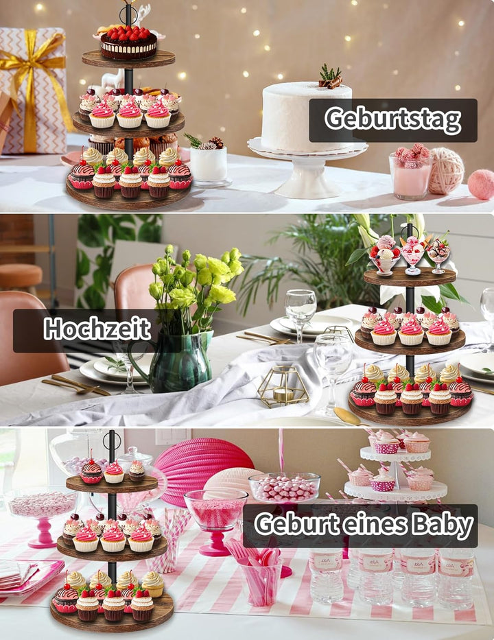 3-stöckiger Kuchenständer, Grosser Cupcake Ständer Ø 20.06cm Ø24.89cm Ø29.97cm, Etagere 3 Etagen aus