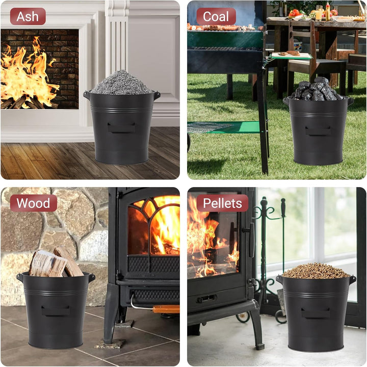Todeco Ascheeimer Metall 24 L mit Deckel, Schaufel & Bürste, Hitzebeständiger, Holzgriff, Für Kamin,