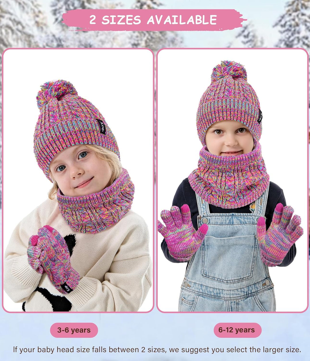 ZASFOU Kinder Mütze Loop Schal Touchscreen Handschuhe Set 3-6-12 Jahre Thermo Wintermütze Schlauchsc