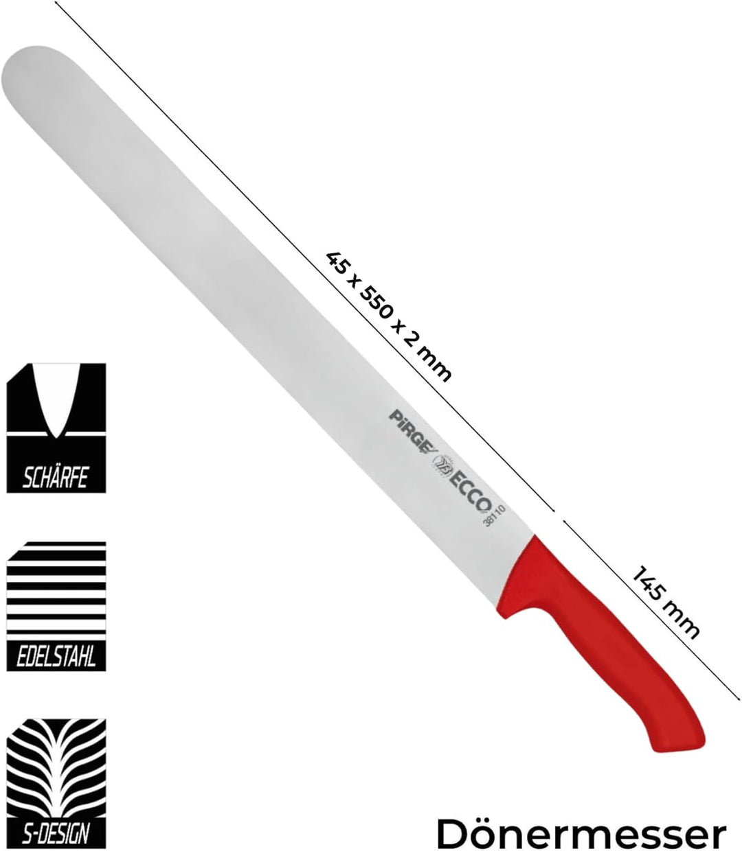 Pirge Ecco Dönermesser 55 cm Rot - Aufschnittmesser - Schärfstes Döner Langmesser - Schneidemesser -