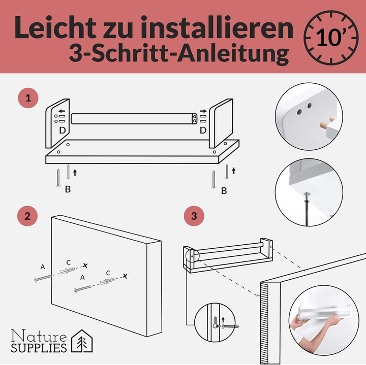 NATURE SUPPLIES Set mit 3 weissen Kinderzimmerregalen 58 cm, Massivholz, ideal für Bücher, Spielzeug
