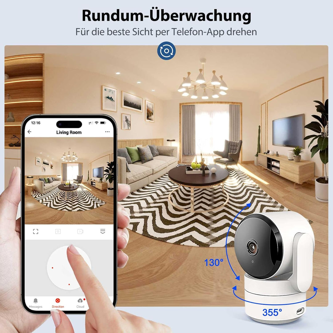 AMOROM WLAN Überwachungskamera Innen 360°, 1080p Kamera Überwachung mit Nachtsicht, 2 Wege Audio, Be