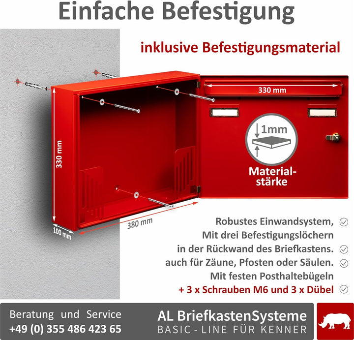 AL Briefkasten Systeme Basic 1er Briefkasten in RAL 3000 Feuerrot 1 Fach DIN A4 Postkasten wetterfes