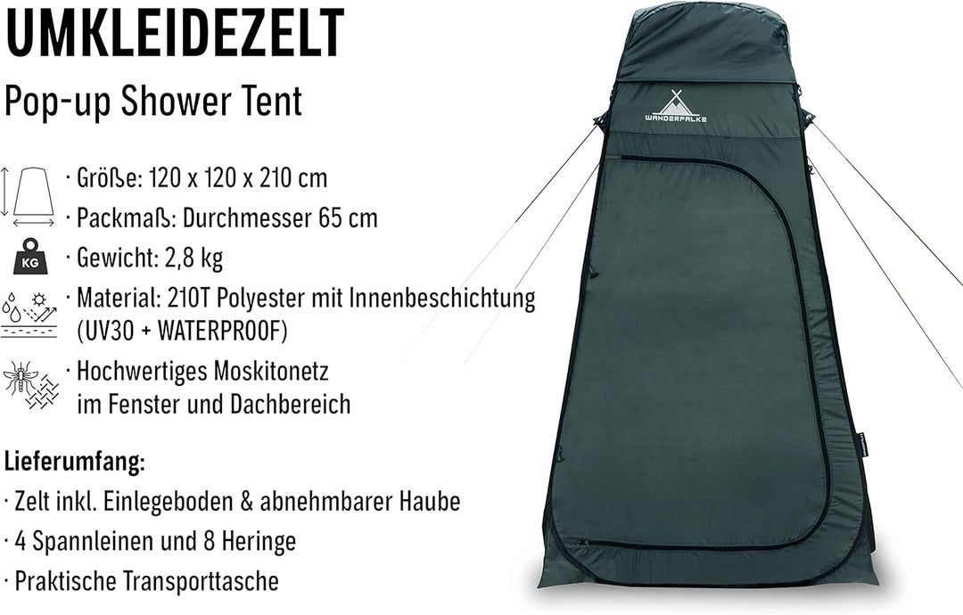 WANDERFALKE® XL Pop Up Duschzelt 210cm hoch, Umkleidezelt, Toilettenzelt, Duschkabine 120x120x210cm