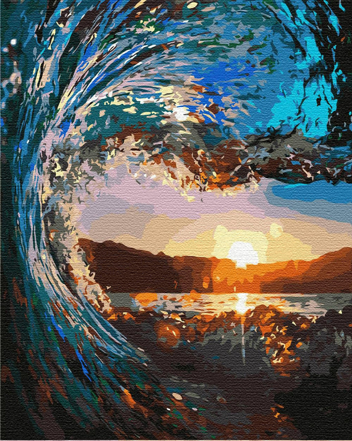 Artnapi Malen nach Zahlen Erwachsene mit Rahmen | DIY Handgemalt | Sonnenuntergang in einer Welle |