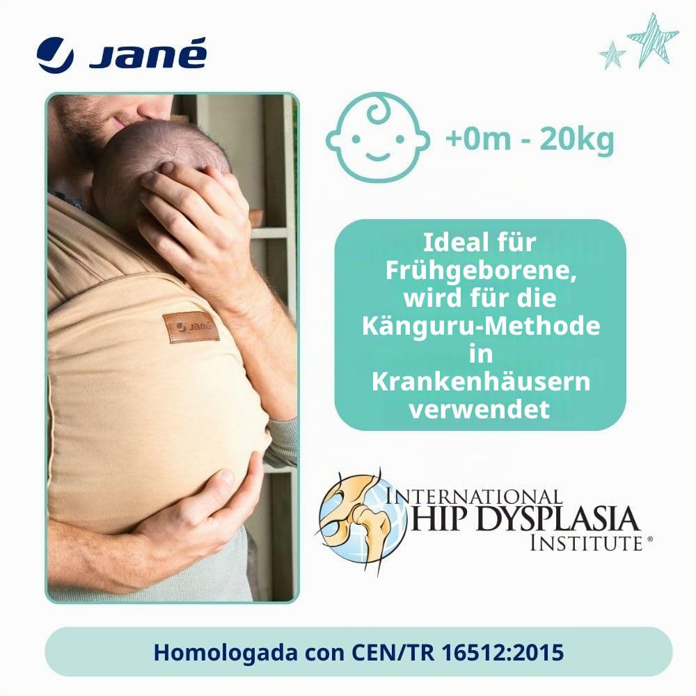 Jané Cocoon Elastisches Tragetuch, Ab Geburt bis 20 kg, 5 m, Känguru-Methode, Ergonomisch, Atmungsak