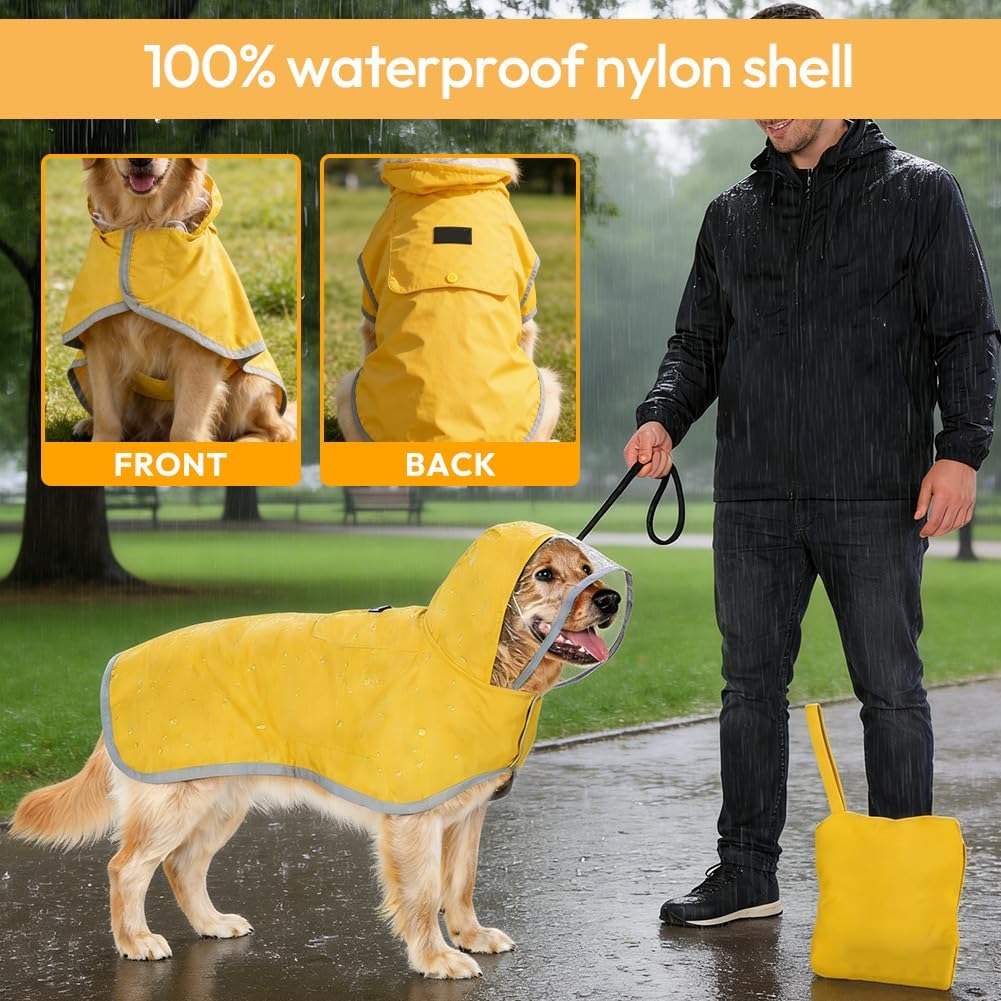 Hunderegenmantel, Wasserdichter Regenmantel für Hunde mit Kapuze &amp; Reflektierende Streifen, Verstell