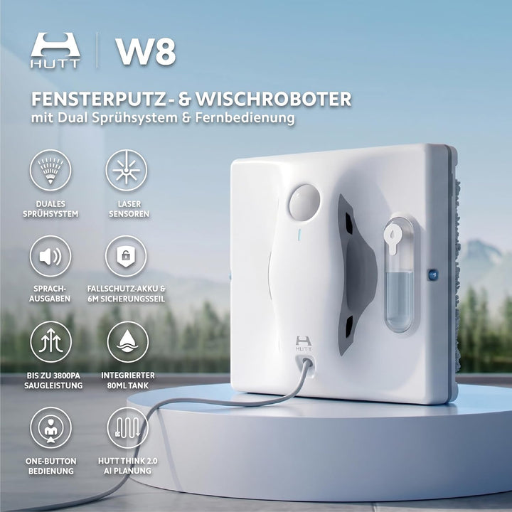 HUTT W8 Fensterreinigungsroboter mit Fernbedienung | 2-Fach Sprühsystem & 3800Pa Saugkraft | 80ml Ta