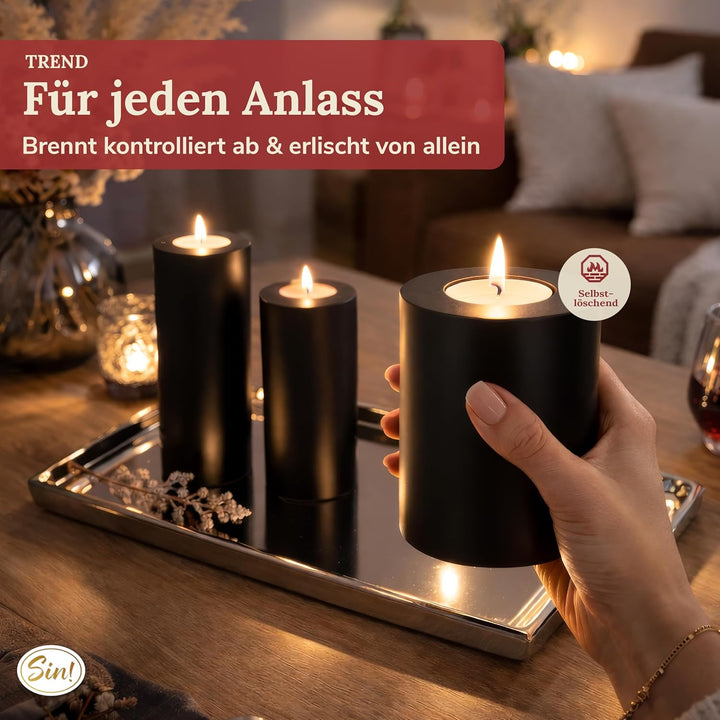Sin!® 1x Teelichthalter &amp; Dauerkerze Trend SCHWARZ ∅ 8cm Höhe 15cm - Die Kerze die Nicht schmilzt! K